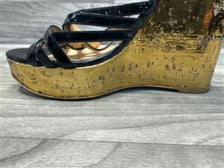 Yves Saint Laurent Black Patent Leather Gold Wedges, Size 42 (US 11)